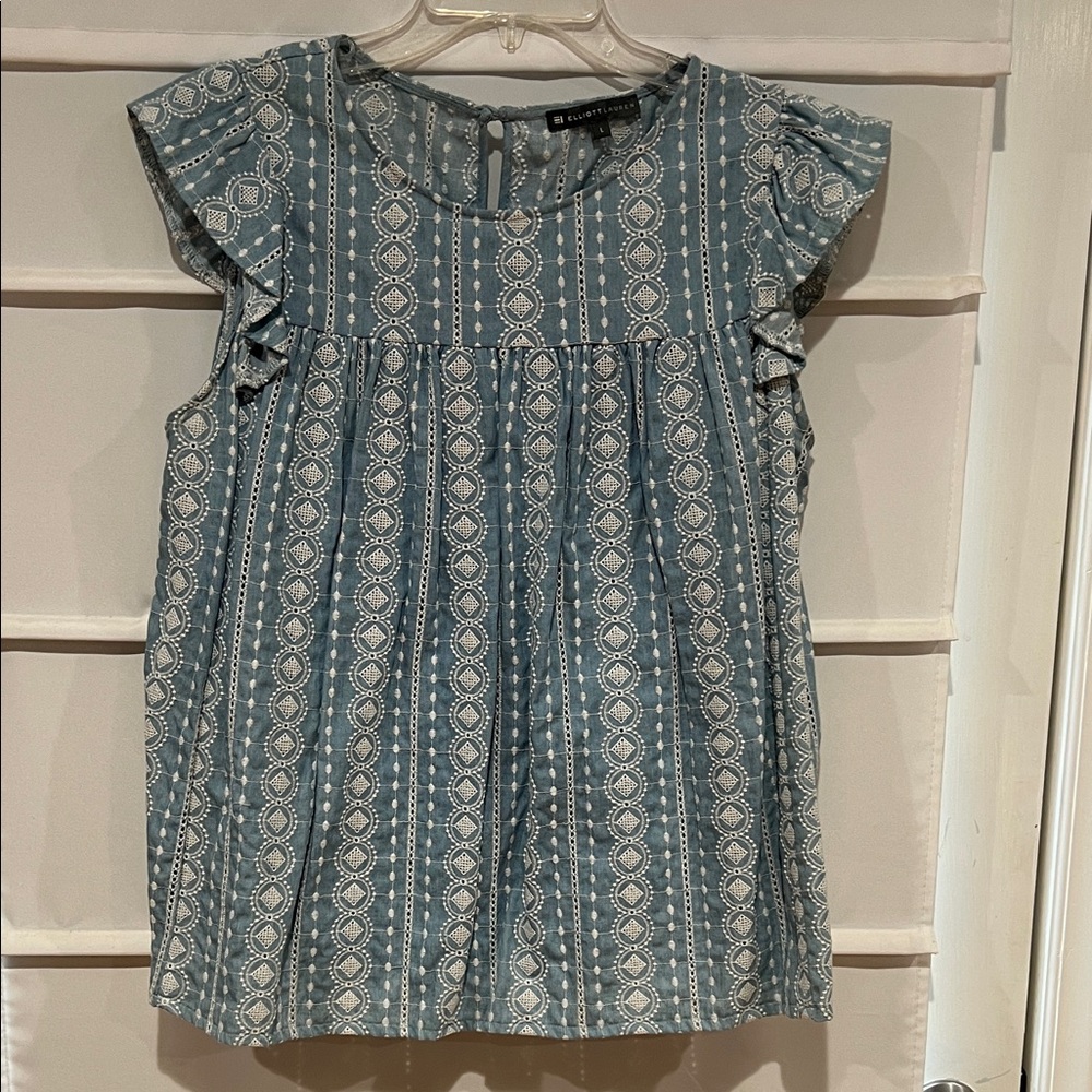 Elliott Lauren Blue and White Ruffle Sleeve Blouse
